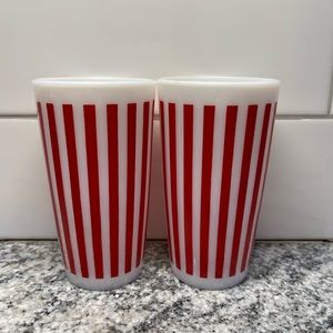 Hazel Atlas Milk Glass Red Candy Stripe 2 Cups/Tumblers/Glasses Vintage 5”